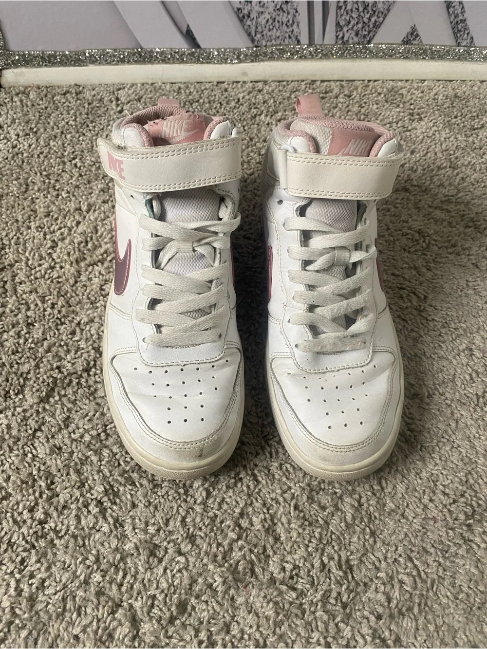 Nike Kids White and Pink High-Top Sneakers